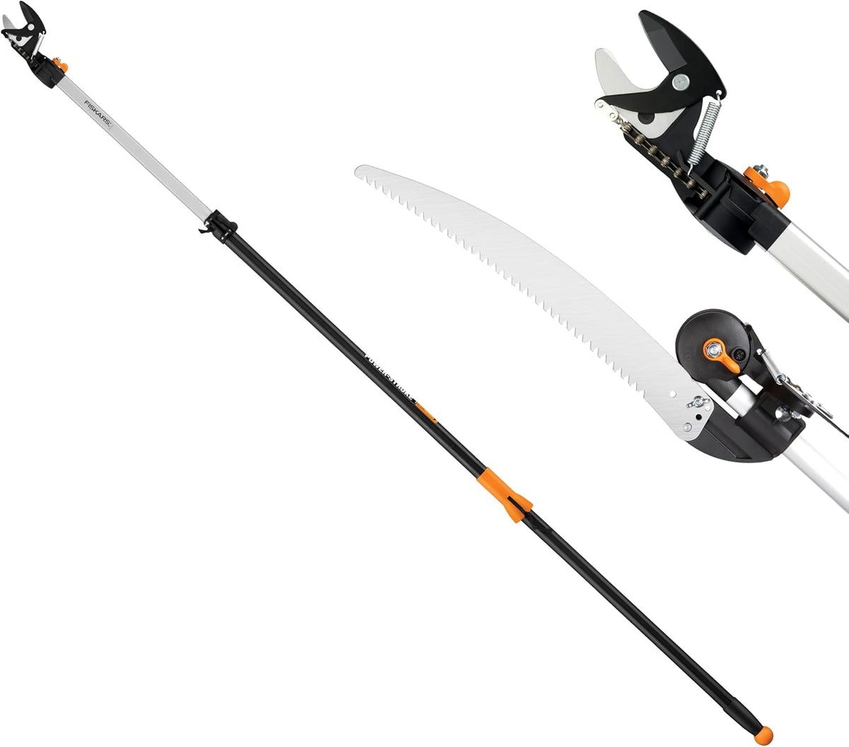 Fiskars 2-in-1 Extendable Tree Pruner and Pole Saw (Extends 7.9 - 12 feet) with Rotating Head, Pruning Stik Model with15-Inch Double-Grind Saw Blade, and Double Locking System