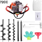 72cc Post Hole Digger 2-Stroke Petrol Gas Powered Earth Digger with 2 Extension Rods + 3 Auger Drill Bits (4" 8" & 12") for Farm Garden Plant