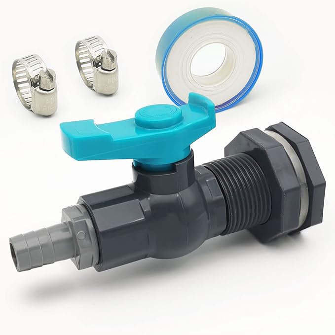 Rain Barrel Spigot PVC Faucet Kit with Bulkhead Fitting, Ball Valve, Garden Hose Barb Adapter, Pipe Clamps, Thread Seal Tape (for 25mm ID Hose)