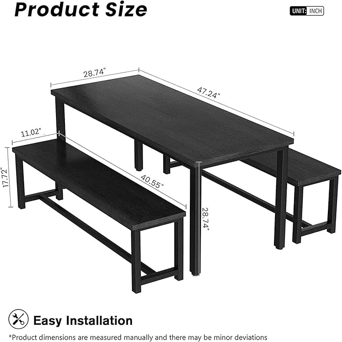 Dining Room Table Set with 2 Benches, Farmhouse Dining Table Set for 4-6, Wood Breakfast Table Set Dinner Table Set Kitchen Table and Chairs for Breakfast Nook Small Spaces, Black