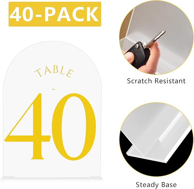 JOYIT Frosted Arch Wedding Table Numbers 1-40 with Stands – 5" X 7" Acrylic Gold Table Number Holders, Perfect for Wedding Receptions, Parties, Anniversaries, and Events