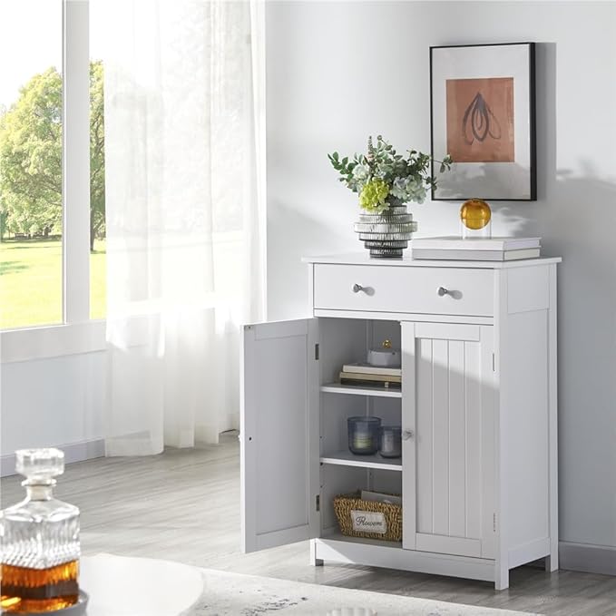 Yaheetech Set of 2 Bathroom Storage Cabinet with 1 Drawer and 2 Doors, Freestanding Entryway Storage Unit with Adjustable Shelf, Home Organizer for Entryway, Living Room, White