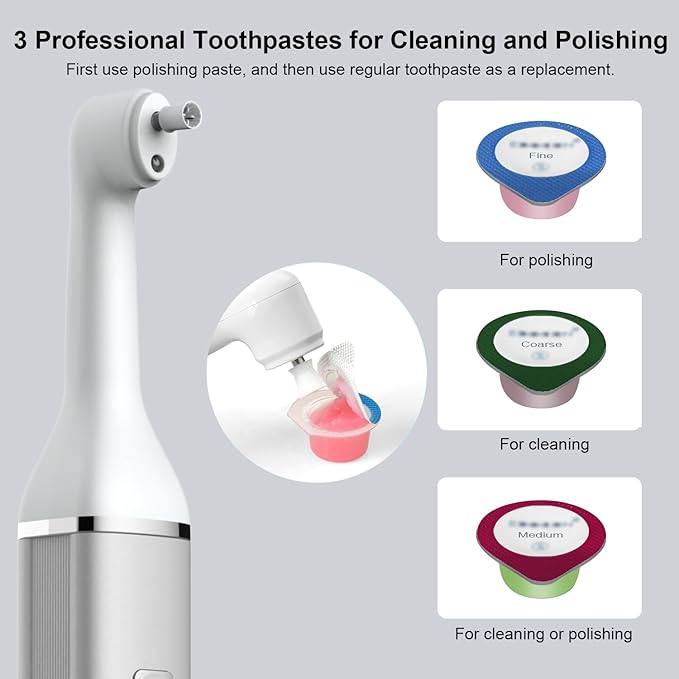 Tooth Polisher and Plaque Remover, Teeth Cleaning Tools for Cleaning and Polishing of Tooth, Dental Cleaning Tools for Brighten and Polish Teeth with 5 Brush Heads, 4 Speed Modes and 3 Polish Pastes