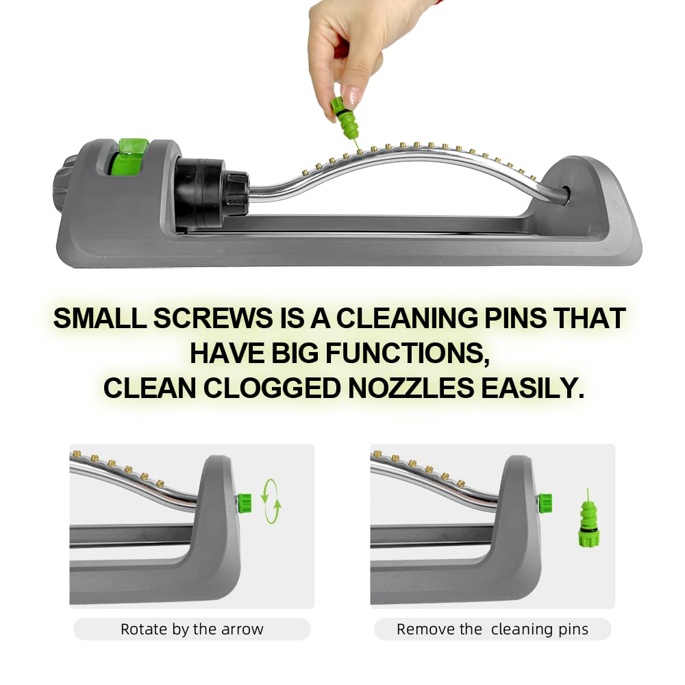 Lawn Sprinkler, Oscillating Sprinkler for Yard with 18 Hole Brass Nozzles, Watering for Lawn & Garden Covers up to 3,600 sq.ft, Easy Adjust Range Control, Built-in Spray Jet Cleaning Needle (Gray)