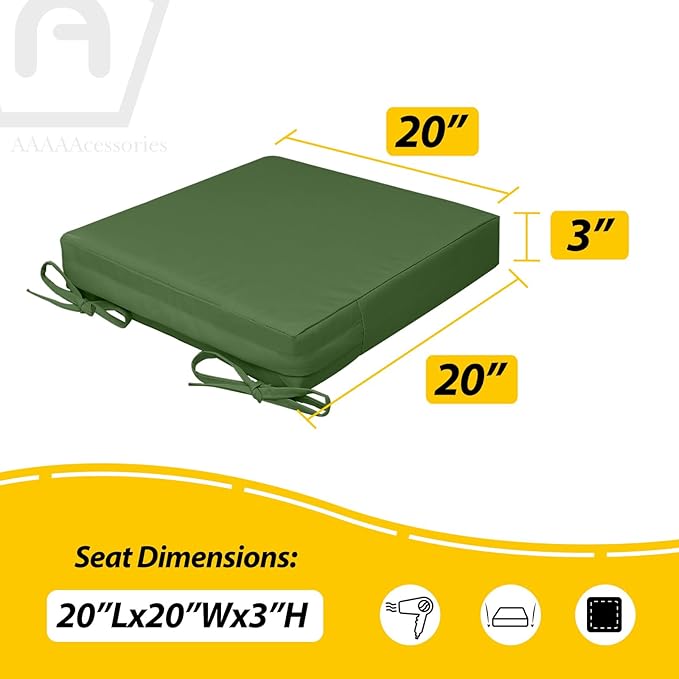 AAAAAcessories Outdoor Seat Cushions for Chairs, Waterproof, Fade-Resistant, 20" x 20" x 3", Patio Furniture Replacement Cushions, Set of 2, Dark Moss Green