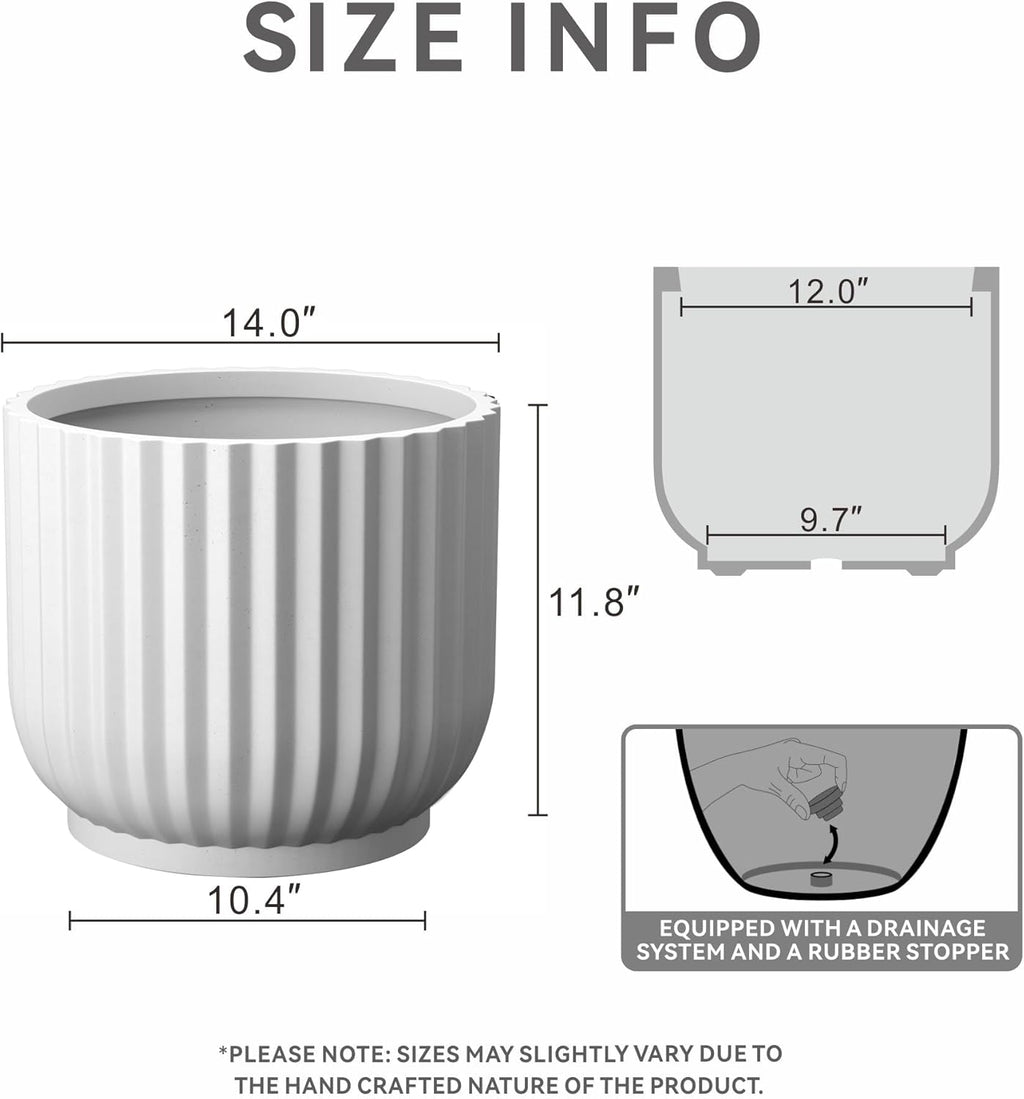 Kante Round Fulted Planter, 11 Inch Dia Large Concrete Plant Pots with Drainage Hole and Rubber Plug, Modern Decor for Indoor Outdoor Plants, Flower, White