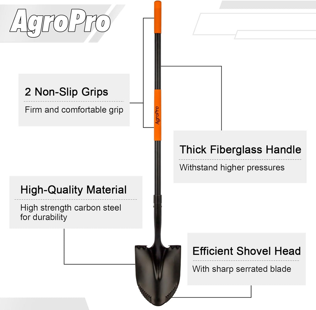 Shovel for Digging, Metal Shovel with Long Fiberglass Handle, Heavy Duty Shovel for Digging, 58 Inches