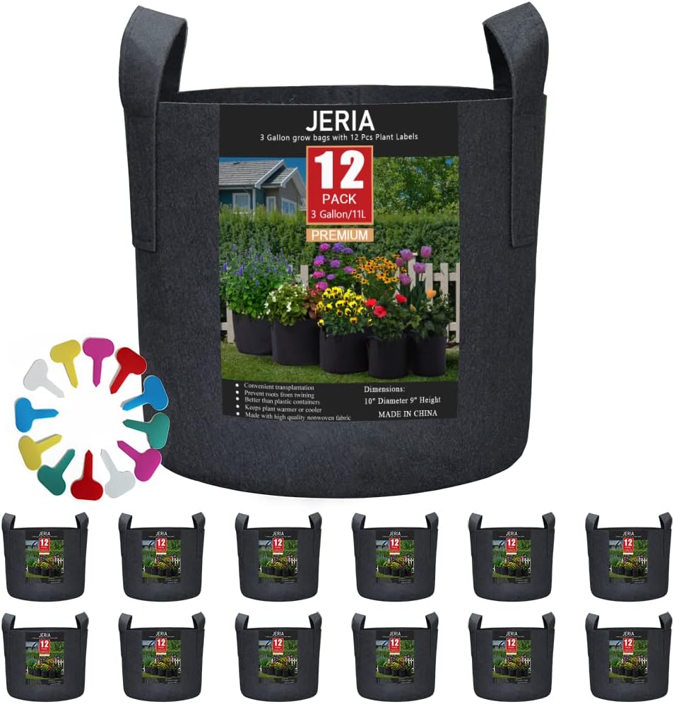 JERIA 12-Pack 3 Gallon, Vegetable/Flower/Plant Grow Bags, Aeration Fabric Pots with Handles (Black), Come with 12 Pcs Plant Labels