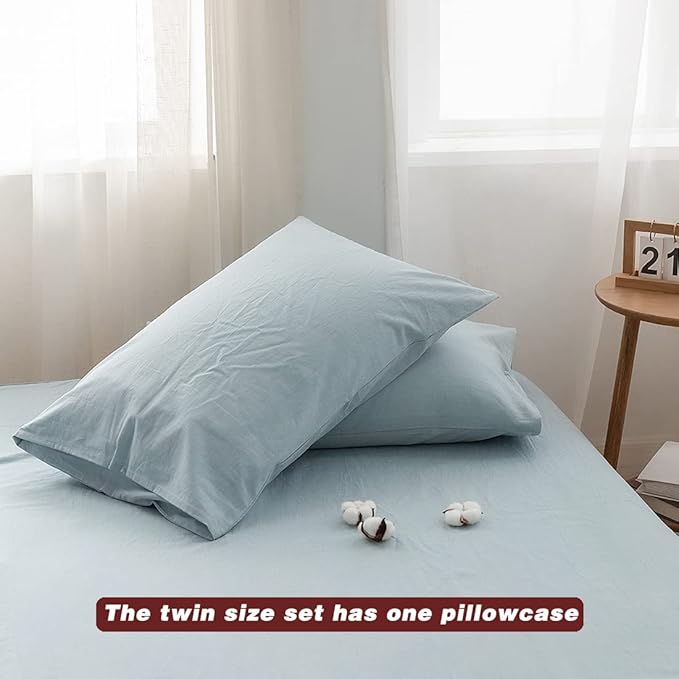 Face Two Face Bedding Duvet Cover Set100% Washed Cotton Duvet Cover Linen Like Textured Breathable Durable Soft Comfy (Twin, Light Blue)