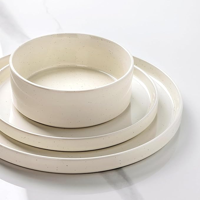 GBHOME Dinnerware Set for 8, 24 Piece Speckled Plates and Bowls Set with Glazed Bottom, Chip and Scratch Resistant Stoneware Plates Sets, Dishwasher & Microwave Safe Dishes, Light Beige