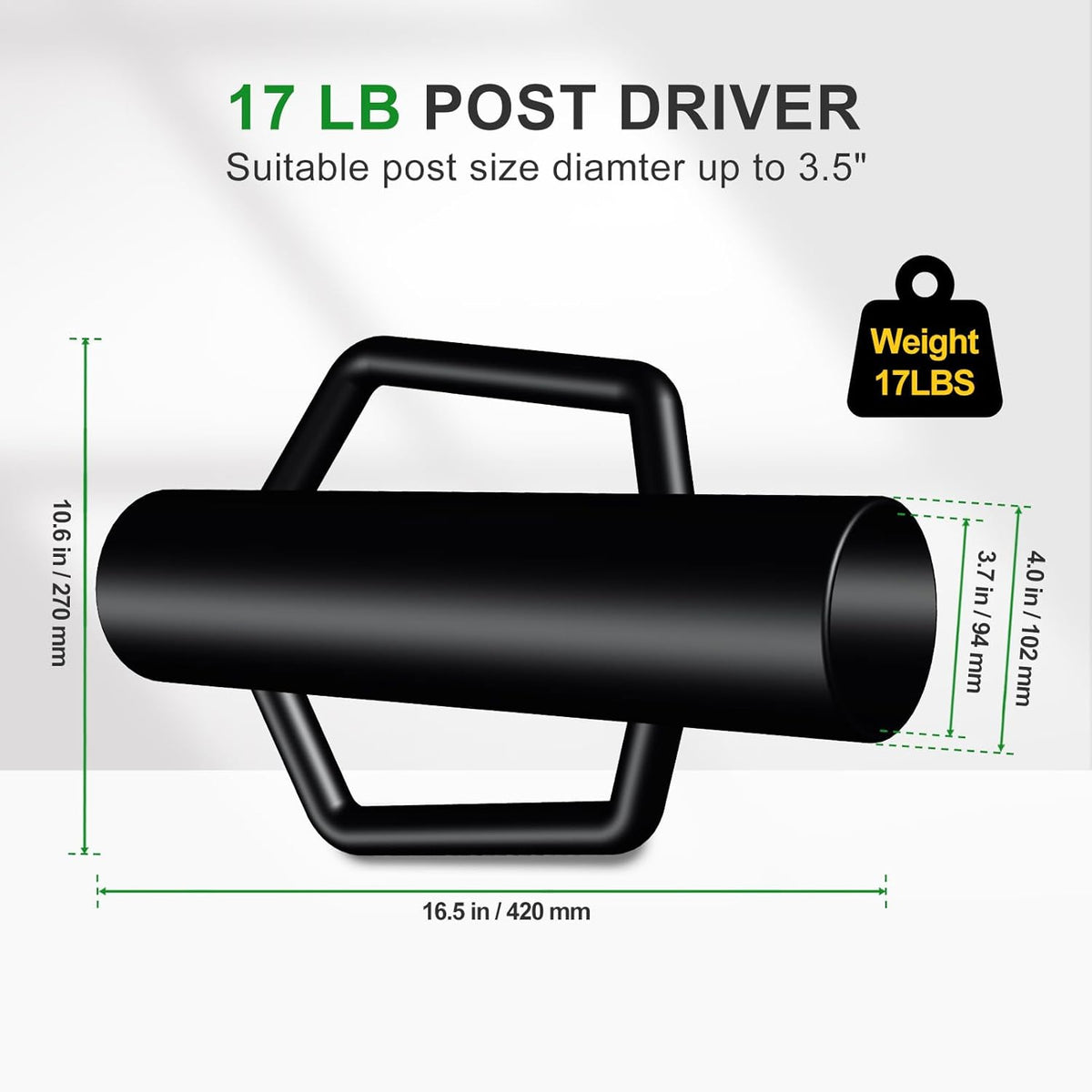 Fence Post Driver with Handle,17LB Hand Post Pounder,3.7 inches Inner Dia. Pole Rammer, Farm Wire Fencing for T Post, U-Channel Sign and Wooden Post, Black
