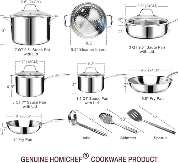 HOMICHEF 14-Piece Nickel Free Stainless Steel Cookware Set Whole-Clad 3-Ply - Mirror Polished Pots And Pans Set - Healthy Cookware Set With Steamer - Non-Toxic Induction Cookware Sets