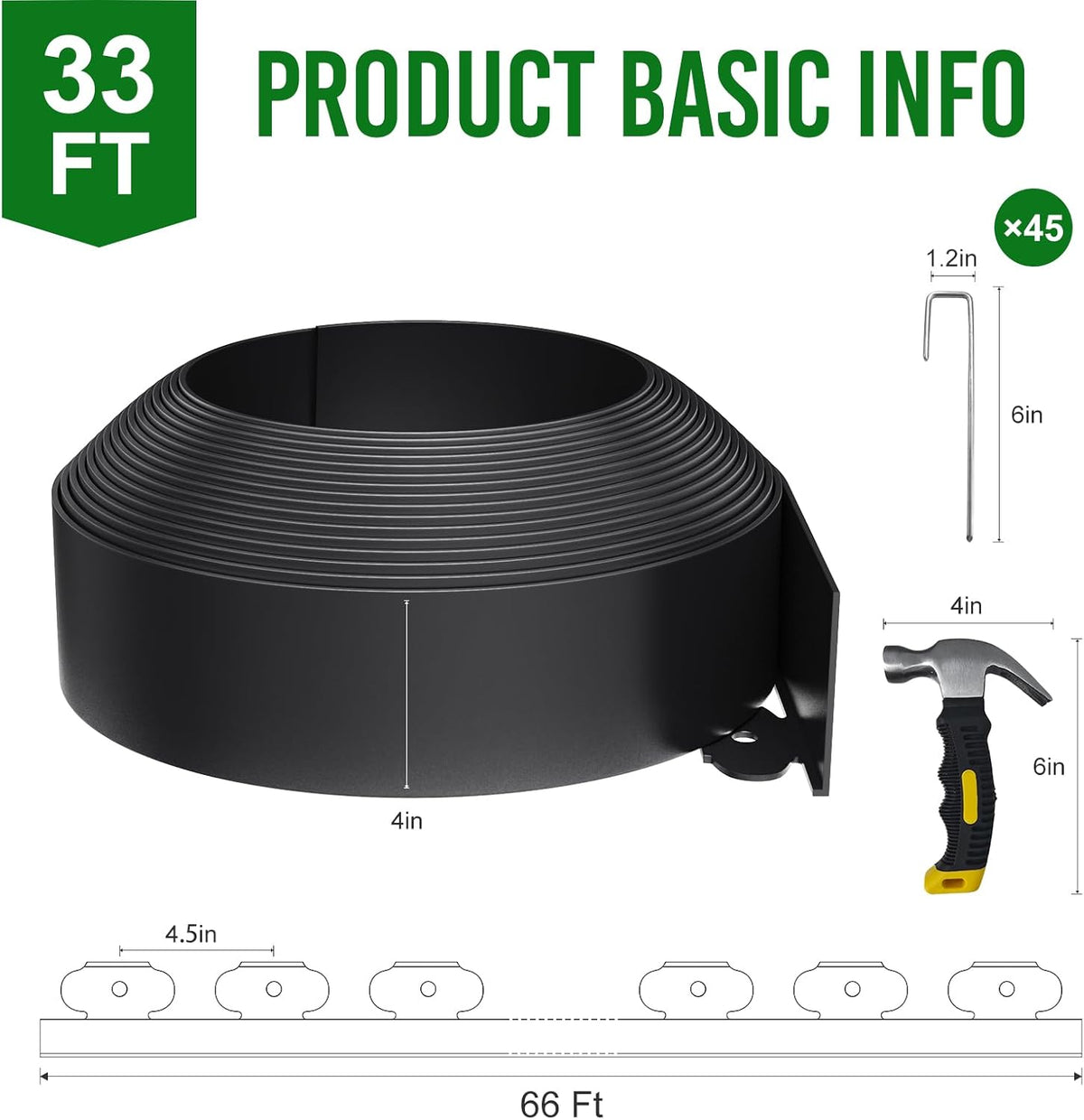 33FT Landscape Edging 4 in Tall with 45 Spikes, Garden Edging Border and 1 Hammer, Plastic Landscape Edging Border Lawn Edging for Landscaping, Flower Beds, Yard