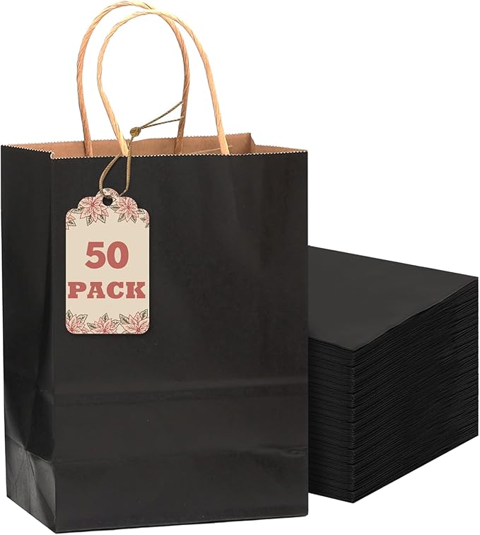 qiqee 50-Packs Black Paper Gift Bags with Handles Bulk 8.3"x3"x 6" Small Size Paper Bags Multiple Uses(Small Size)