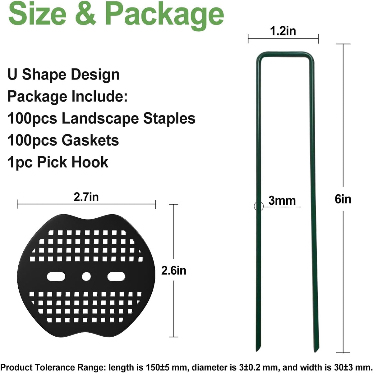 FOTMISHU Landscape Staples 6Inch 100pcs Garden Stakes + 100pcs Gasket, Lawn Pins with Spray Coating Craft,11Gauge Anti-Rust Ground Yard Spikes Anchoring for Outdoor Tents Irrigation Hoses (Green)