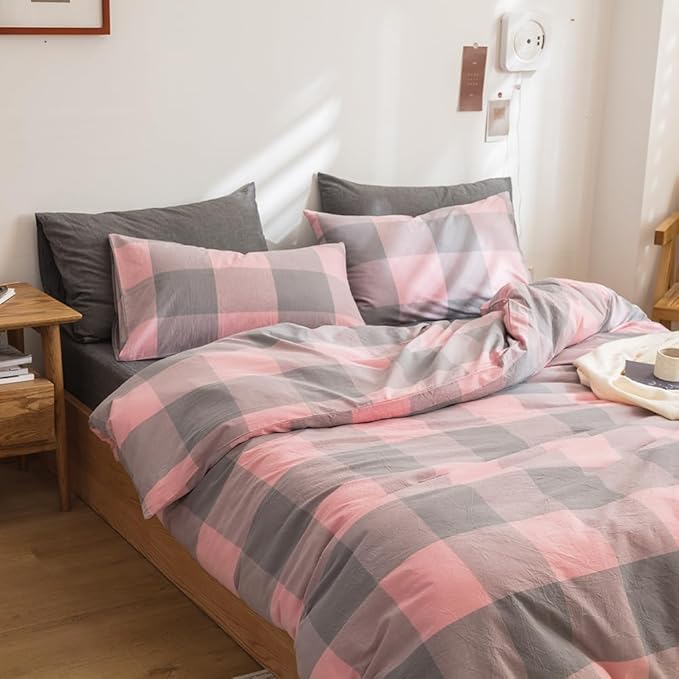FACE TWO FACE Bedding Duvet Cover Set100% Washed Cotton Duvet Cover Linen Like Textured Breathable Durable Soft Comfy (Twin, Grey Powder Grid)