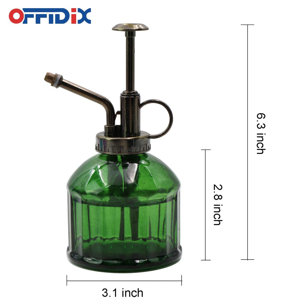 OFFIDIX Glass Plant Mister, 6.3 Inches Tall Vintage Style Spritzer Bronze Plastic Top Pump One Hand Watering Can Indoor Plant Spray Bottle for Garden, Plants, Cleaning (Dark Green)