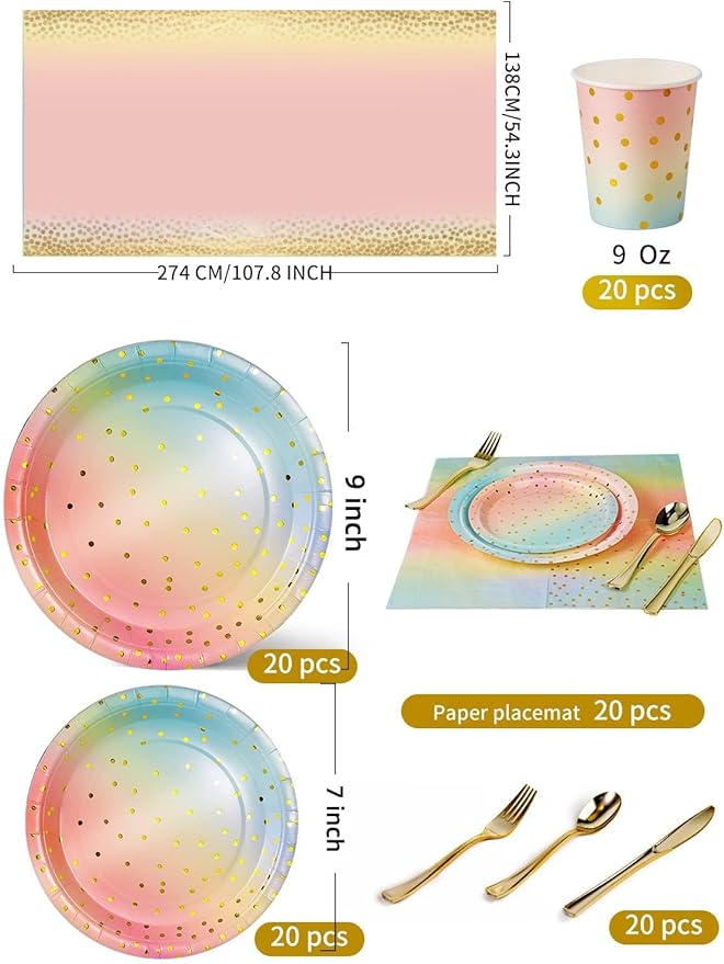 141 Pieces Rainbow Gold Party Supplies, Party Dinnerware Sets Include Paper Plates Napkins Cups Silverware, for Wedding Bridal Shower Engagement Birthday Parties Decoration -20 Serves