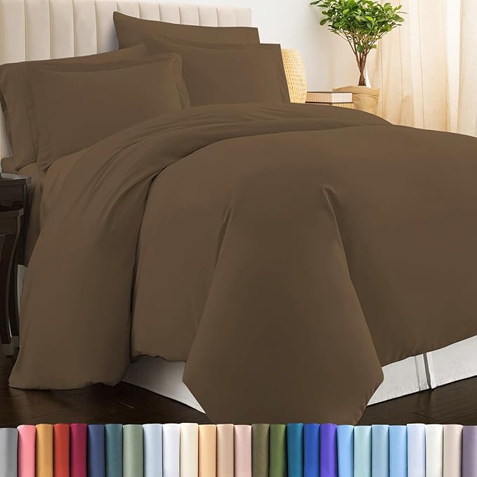 Pizuna Pure 100% Cotton Queen Duvet Cover Set, Luxurious 400 Thread Count Long Staple Cotton Sateen Weave with Button Closure (Combed Woody Brown Cotton Duvet Cover Queen)