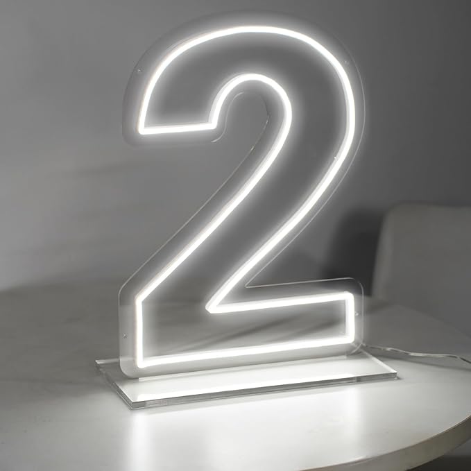 Number 2 Neon Sign for Bedroom, 16.54" Cool White USB Battery Powered Birthday Neon Sign for Party Wedding Anniversary Decor Light Sign (Number 2)