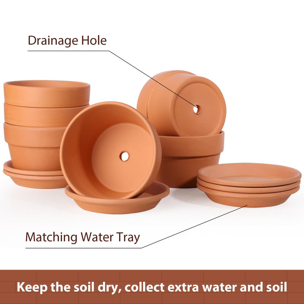 INGOFIN 5 Inch Terracotta Shallow Pots Set with Saucer - Ceramic Clay Pots with Drainage Hole, Terra Cotta for Plants for Indoor Outdoor Plants, Set of 6