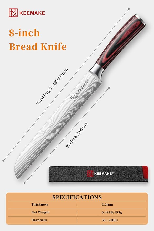KEEMAKE Serrated Bread Knife 8-inch Ultra Sharp High Carbon Stainless Steel Bread Slicer Knife for Homemade Breads Sourdough Bagels Cakes and Soft Produce - Ergonomic Pakkawood Handle, w/Sheath
