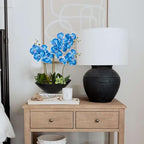 Briful Blue Orchid Fake Flowers 17in Artificial Orchid Silk Flowers in Black Pot Faux Orchid Arrangement for Home Office Bathroom Table Shelf Modern Decoration