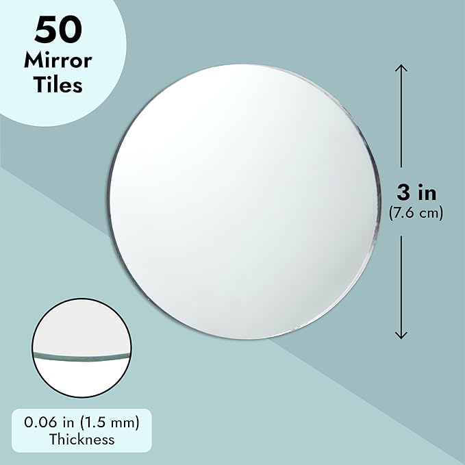 Juvale Glass Mirror Tiles for Crafts - 3 in, Round, Transparent, 50-Pack - Craft Mirrors for DIY & Home Decor