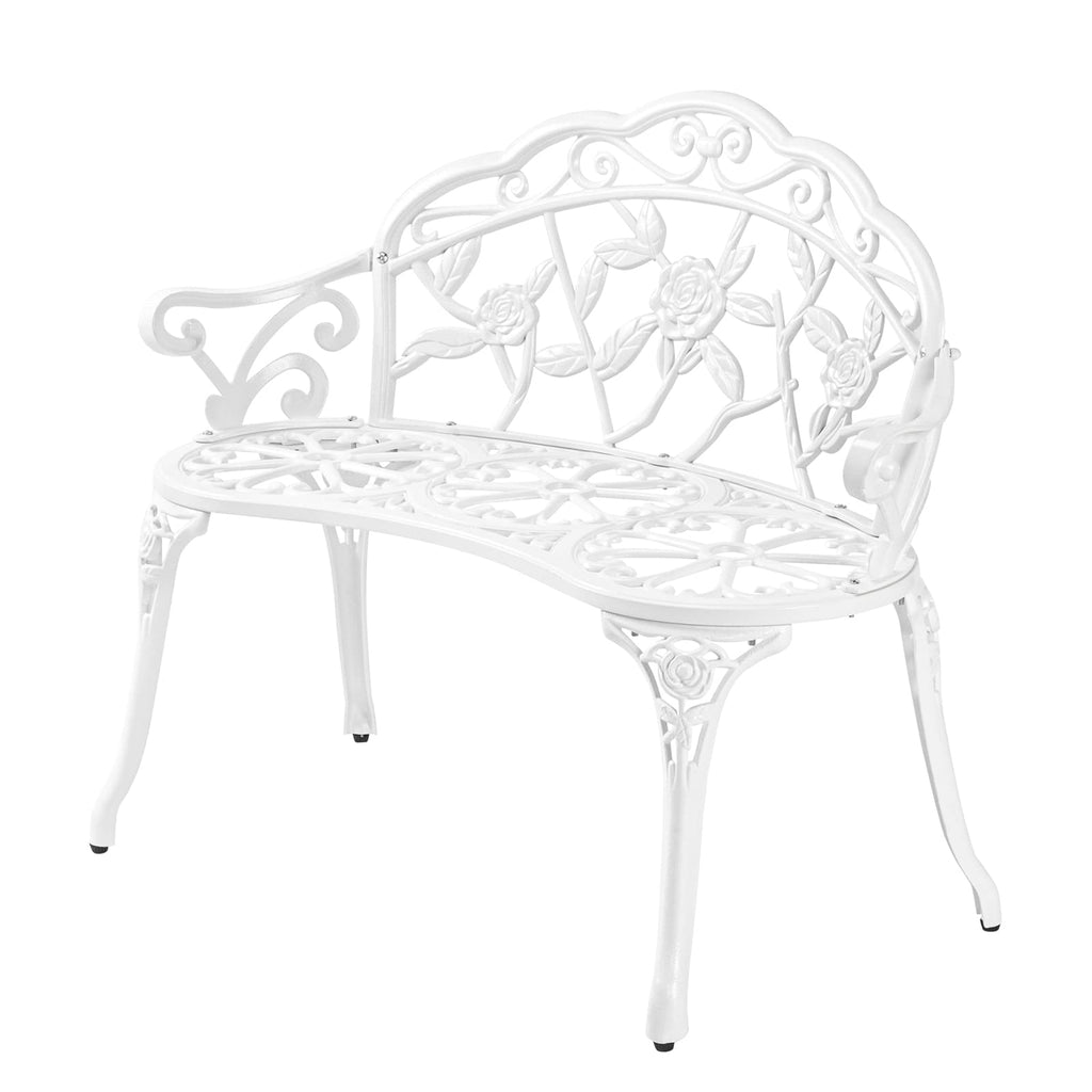 VINGLI 38.5" Patio Park Garden Outdoor Metal Rose Bench, 2-Person Cast Iron Cast Aluminium Frame Antique Finish Chair,Accented Lawn Front Porch Path Yard Decor Deck Furniture (White, Rose)