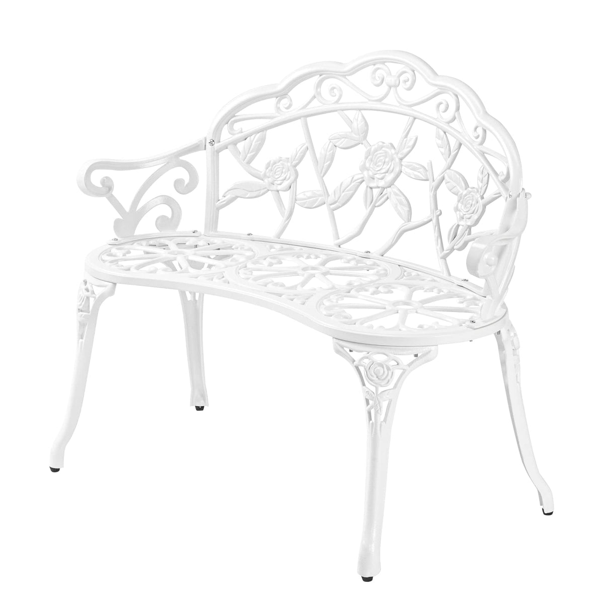 VINGLI 38.5" Patio Park Garden Outdoor Metal Rose Bench, 2-Person Cast Iron Cast Aluminium Frame Antique Finish Chair,Accented Lawn Front Porch Path Yard Decor Deck Furniture (White, Rose)