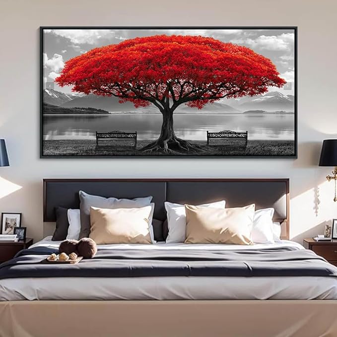 YDYSUNE Red Tree Paintings Wall Art Black and White Pictures Wall Decor for Living Room Modern Home Bedroom Decoration Nostalgia Framed Artwork Decor 29x58in