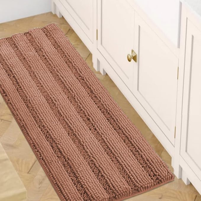 H.VERSAILTEX Bath Rugs for Bathroom Non Slip Bath Mats Extra Thick Chenille Striped Bath Rug Runners 47" x 17" Absorbent Fluffy Soft Shaggy Mats Dry Fast Plush Area Carpet for Bath Room - Muted Clay