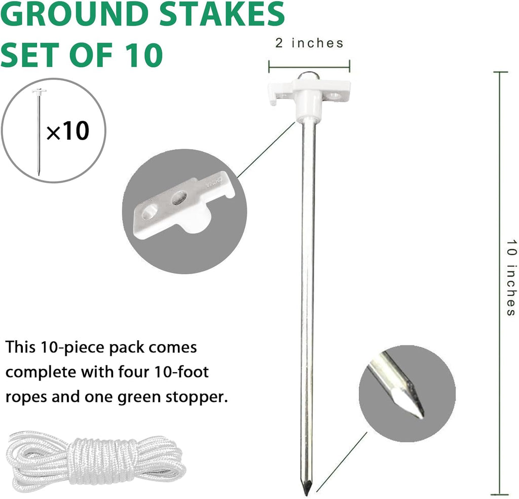 Eurmax USA Galvanized Non-Rust Camping Family Tent Pop Up Tent Stakes Canopy Anchors Heavy Duty 10pc-Pack, with 4x10ft Ropes & 1 White Stopper