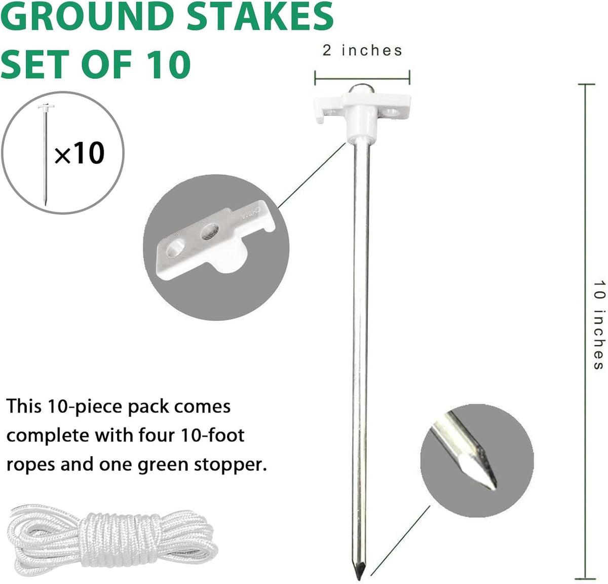 Eurmax USA Galvanized Non-Rust Camping Family Tent Pop Up Tent Stakes Canopy Anchors Heavy Duty 10pc-Pack, with 4x10ft Ropes & 1 White Stopper