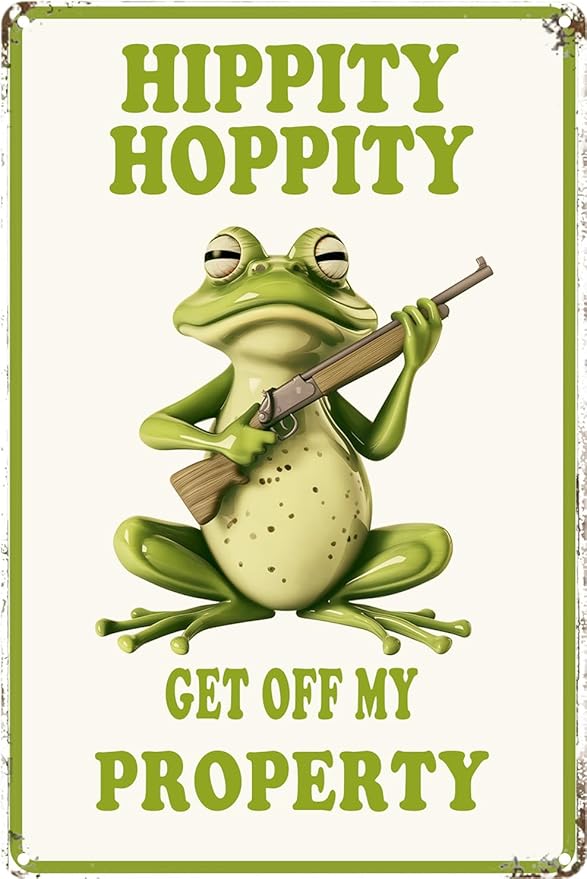 Funny Frog Room Sign - "Hippity Hoppity Get Off My Property" No Trespassing Warning Sign, Vintage Metal Tin Wall Décor, 8" x 12" for Bedroom, Door, Home