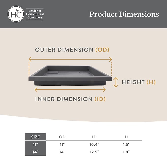 The HC Companies Accent Square Plant Saucer - Durable Plastic Trays for Plants - Square Tray for Water Drainage - UV Resistant Planter Saucer for Indoor & Outdoor Use (14”, Warm Gray, Pack of 1)