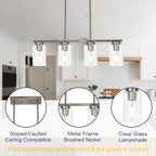 Modern Kitchen Island Light with Clear Glass Shades, 4-Lights Hanging Lighting Fixtures in Brushed Nickel for Dining Room