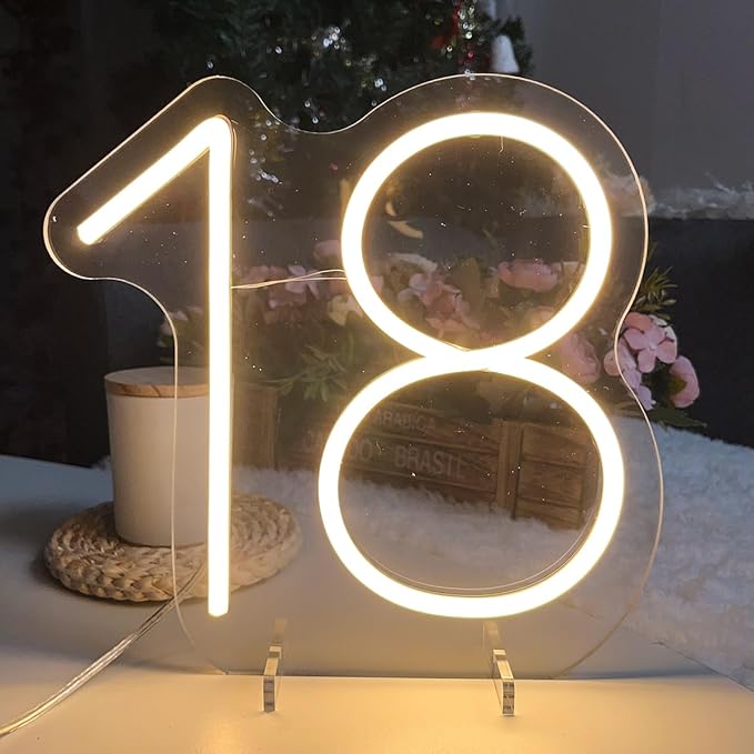 18 Year Old Neon Sign for First Birthday Party Neon Sign Custom Light Up Sign Indoor Bedroom Home Decor LED Neon Signs Large Backdrop Flex Christmas Living Room Girls Boys Gift,Warm White 25×24.8 CM