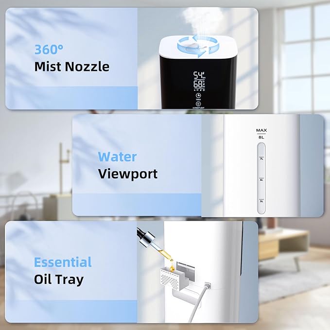 2.11Gal Ultrasonic Cool Mist Humidifier with Timer and Humidistat for Large Rooms - Home, Bedroom, Baby, Adults, Plants