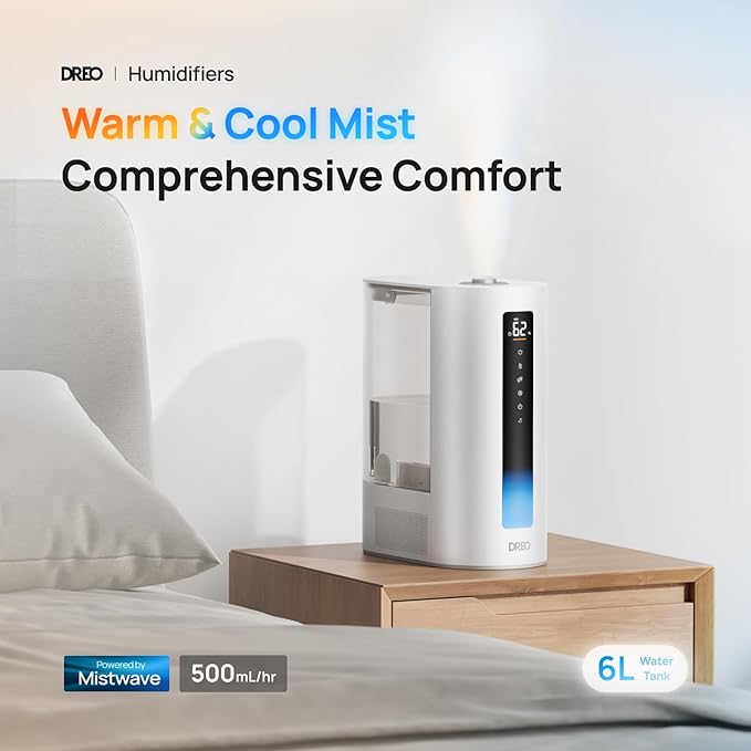Dreo 6L Humidifier Large Room, Warm & Cool Mist Humidifiers for Bedroom, 60H Runtime, 12H Timer, Top Fill, Humidity Indicator Light, Baby, Plants, Easy Clean, HM713