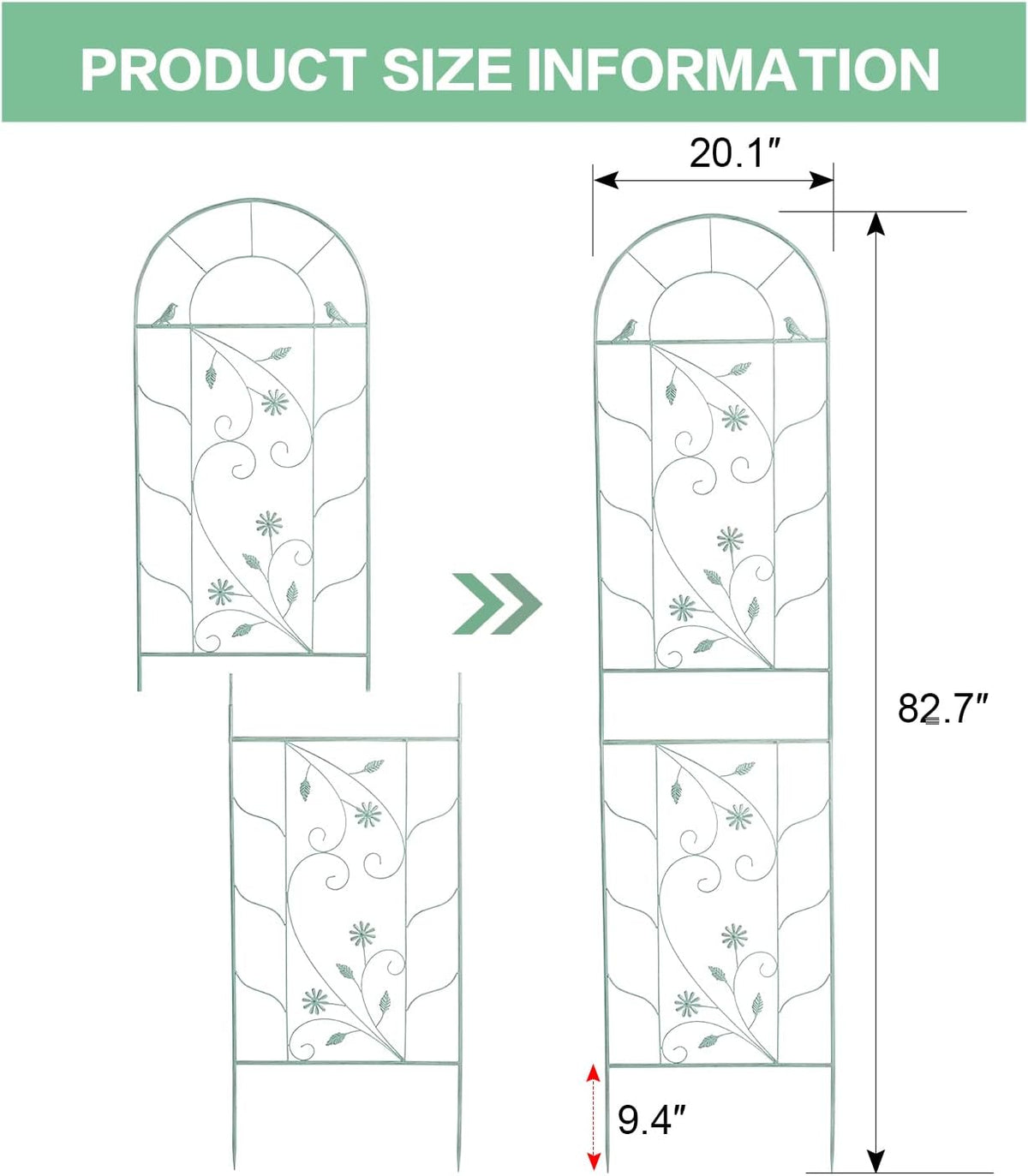 Sungmor Large Metal Garden Trellises for Climbing Plants - 82.5 Inch Tall & 2PC Green Pack - Beautiful Retro Style Metal Fence Trellis - Gardening Vines Plant Support for Flower Rose Climbing