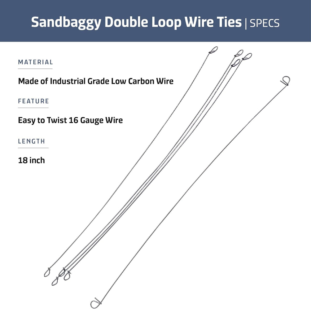Sandbaggy Double Loop Rebar Wire Bar Ties | 16 Gauge | Made of Industrial Grade Wire | Great for Securing Rebar, Sandbags & More | Extra Long Length (18 Inch Length, Pack of 100)