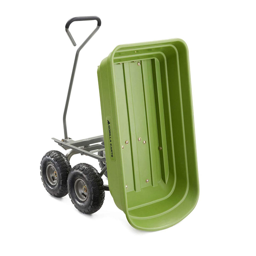 Gorilla Carts 600-Pound Capacity Heavy Duty Poly Yard Garden Steel Quick Dump Utility Wheelbarrow Wagon Cart with Straight Pull Handle, Green, Model GOR4G-COM