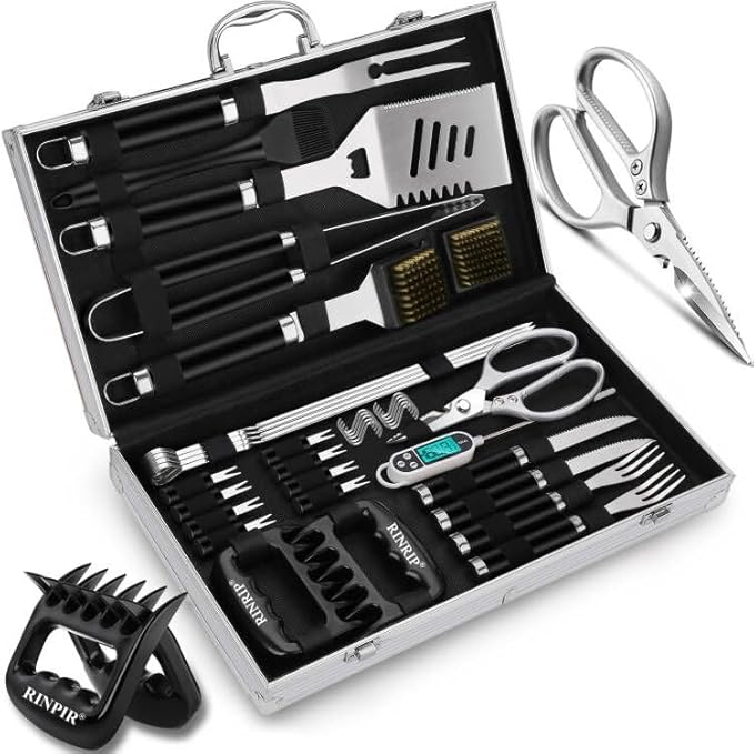 35pcs Deluxe Grilling Gifts Set for Birthday Fathers Day, Stainless Steel BBQ Accessories Kit for Men Dad, Professional Grill Tools Utensils with Scissors, Meat Claws in Aluminum Case Black