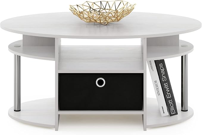 Furinno Jaya Simple Design Oval Coffee Table with Bin for Living Room, White Oak/Chrome/Black