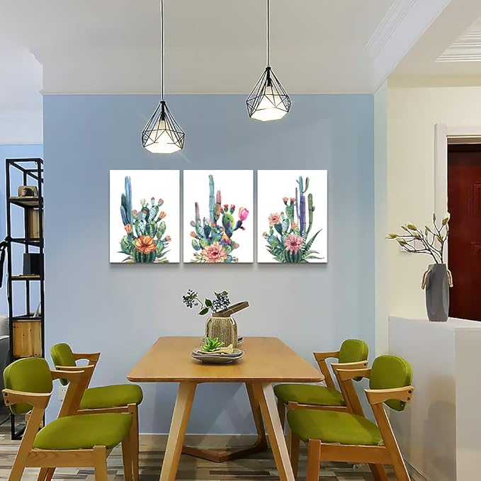 Wall Art for living room Canvas Prints Artwork bathroom Wall Decor Simple Life Green plants cactus Picture Watercolor painting 3 Pieces kitchen bedroom wall decorations Office Works Home Decoration