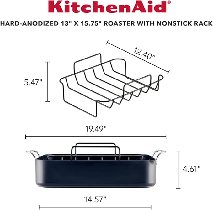 KitchenAid Hard Anodized Roasting Pan/Roaster with Removable Rack, 13 Inch x 15.75 Inch, Matte Black