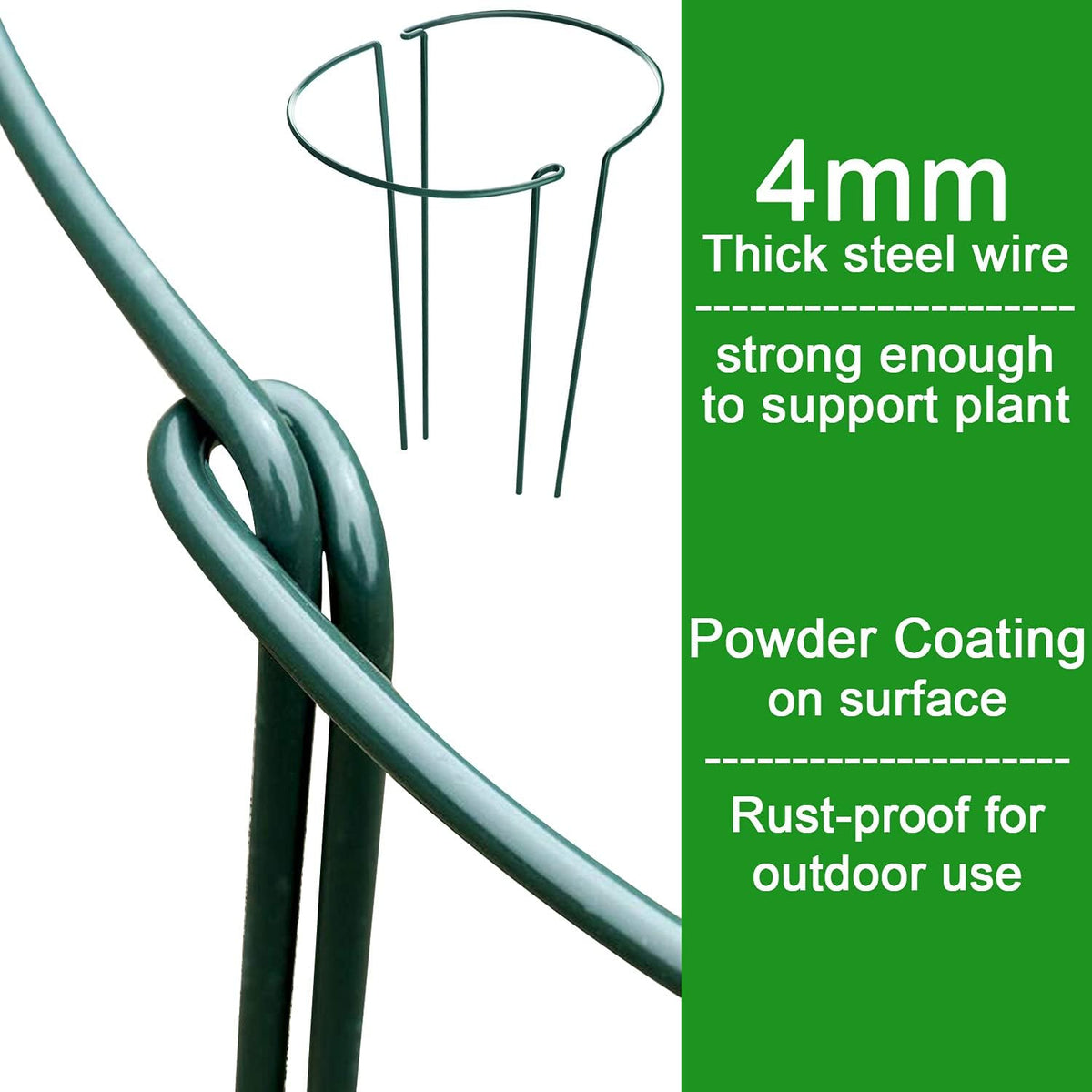 HiGift 8 Pack Plant Support Stakes, Half Round Metal Garden Plant Stake Indoor Peony Cages and Supports, Green Plant Support Ring Border for Tomato,Hydrangea,Flower Outdoor (10" Wide x 15.8" High)