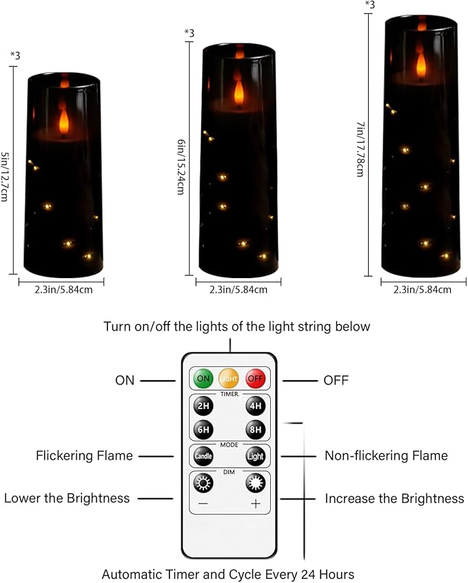 Flameless LED Candles with Timer 9 Pc Flickering Flameless Candles for Romantic Ambiance and Home Decoration Stable Acrylic Shell,with Embedded Star String,Battery Operated Candles（Black）