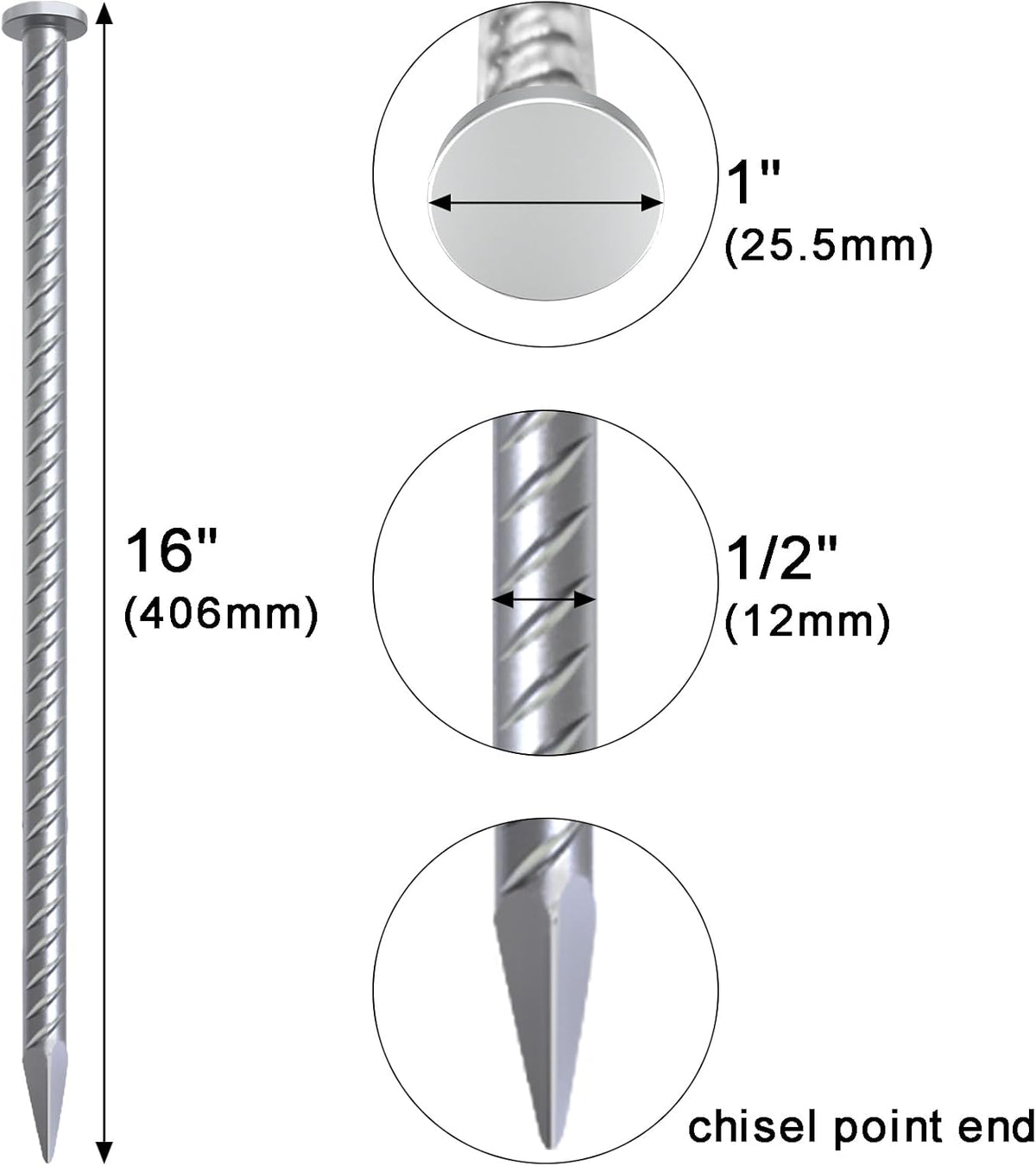 VVOKGO 16 Inch Rebar Stakes Metal Asphalt Anchoring Spikes Ground (12pcs), 1/2 Inch Diameter Galvanized Landscape Anchors Heavy Duty for Speed Bump, Handicap Threshold Ramps, Parking Limits Curb, Tarp